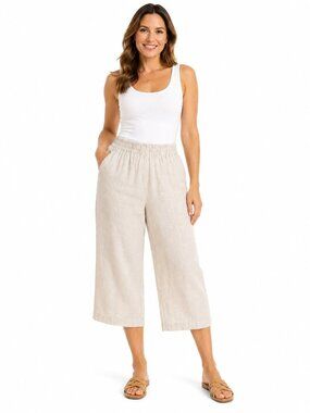 NAÏF 100% Linen Loose Fit Capri Pants Natural Beige Elastic Waist Women's - M